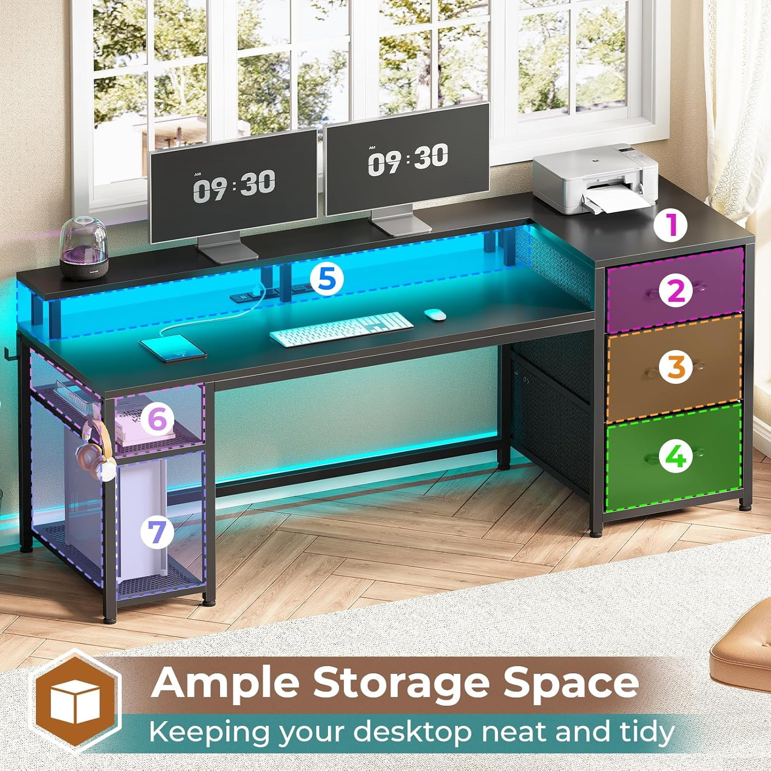 59" Office Desk with Drawers, Reversible Computer Desk with File Drawers & Storage, Gaming Desk with LED Lights & Power Outlet, Home Office Desks for Printer, Black