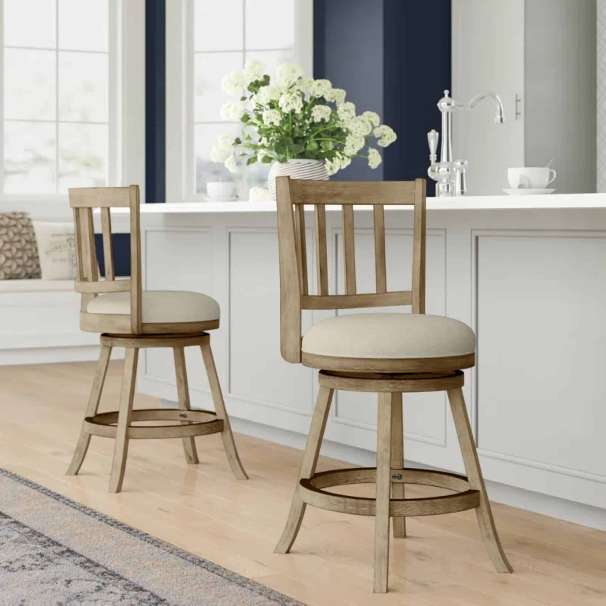 Boraam Sheldon Swivel Wood Counter Stool in Driftwood Wire-Brush and Oatmeal
