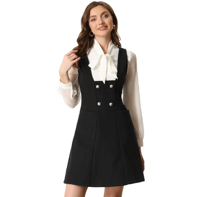Vestido de Línea A con Tirantes para Mujer Vestido Elegante con Doble Botonadura Negro M