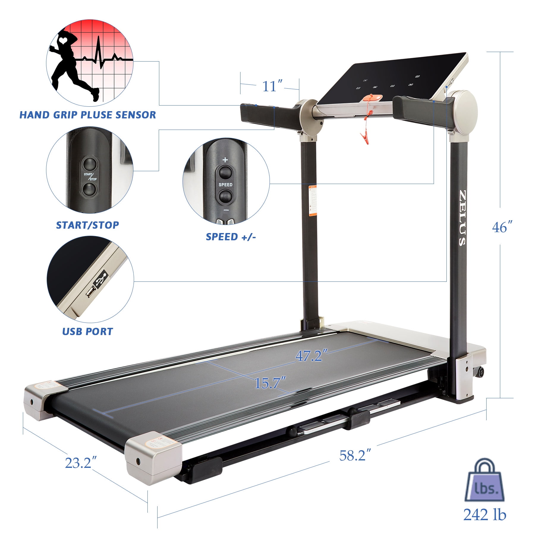 Zelus 3HP Smart Folding Treadmill with Touchscreen Bluetooth Electronic Jogging Magnetic Shock Absorption 7.5mph Walmart