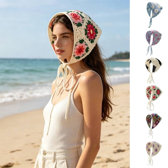 Helii Crochet Triangle Head Scarf for Women – Handmade Knitted Boho Bandana Hair Wrap, Floral Embroidery Hollow Out Hair Scarf, Adjustable Tie Back Kerchief Hot Pink,One Size