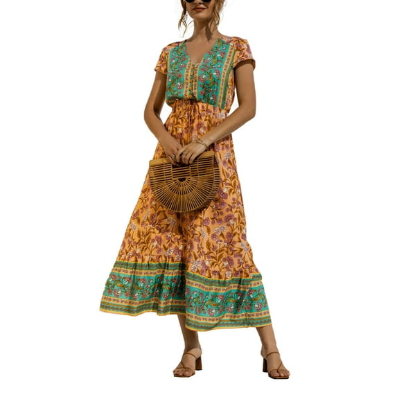 Women Bohemian Maxi Dress V-Neck Summer Casual Dresses Empire Waist Sundress