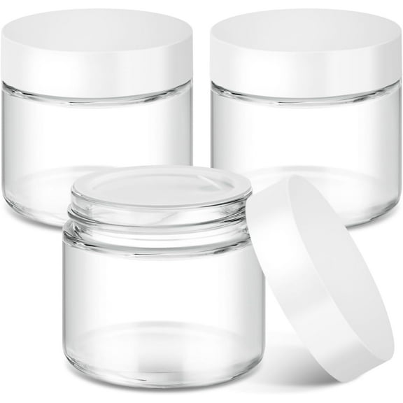 2 oz Glass Jars with Lids, 3 pack Clear Small Jar with White Lids, Blank Labels & Inner Liners, 60 ml Empty Round Cosmetic Containers for Sample, Powder, Cream, Lotion, Spice