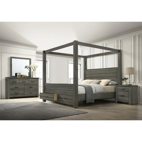 5Pc Queen Canopy Bed Set Storage Footboard Luxurious Bedroom Furniture Gray