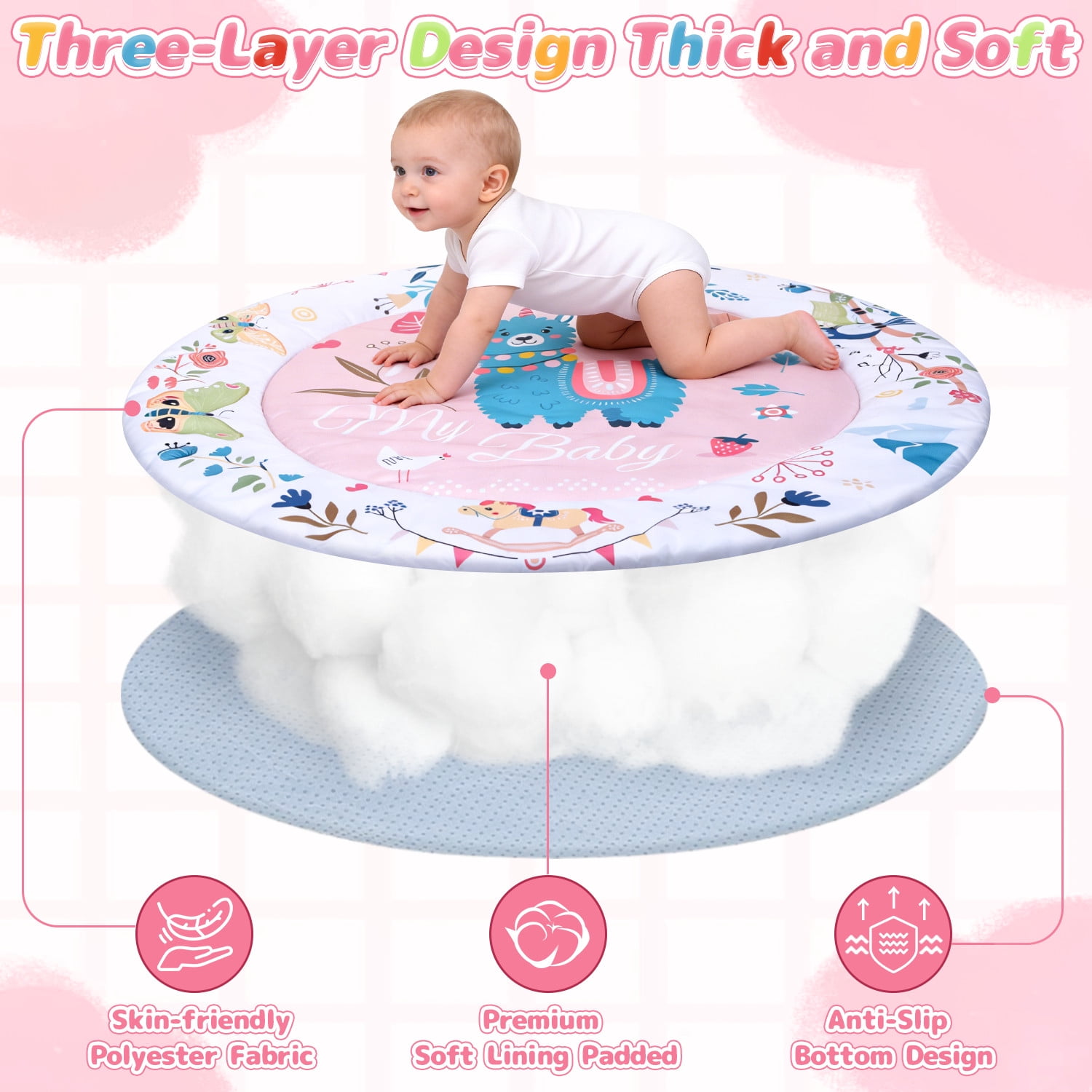 JoyStone Baby Gym Play Mat Activity Mat with 6 Detachable Toys, Round Tummy Time Play Mat for Newborns & Infants 0–12 Months