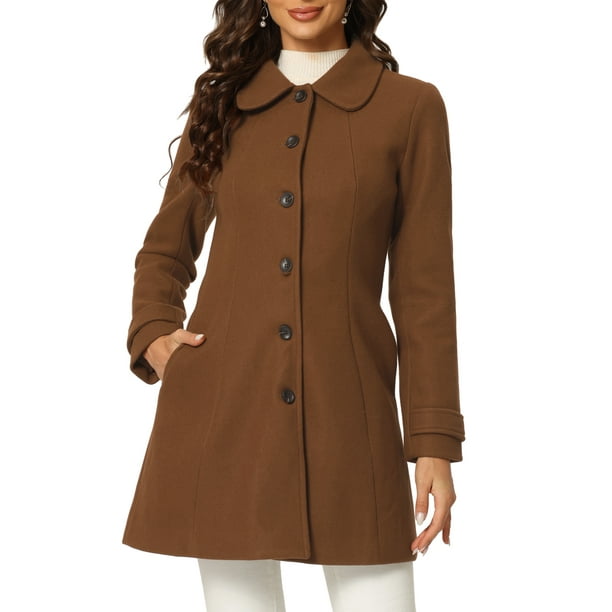 Abrigo de invierno de una sola botonera con cuello Peter Pan para mujer Inspire Chic en marrón sólido