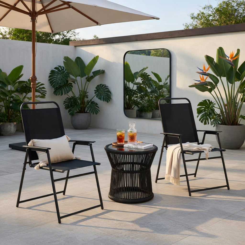 Hommoo 4-Piece Outdoor Folding Sling Chairs Set, Heavy-Duty Steel Frame, Ergonomic Armrests & Quick-Dry Fabric, Black