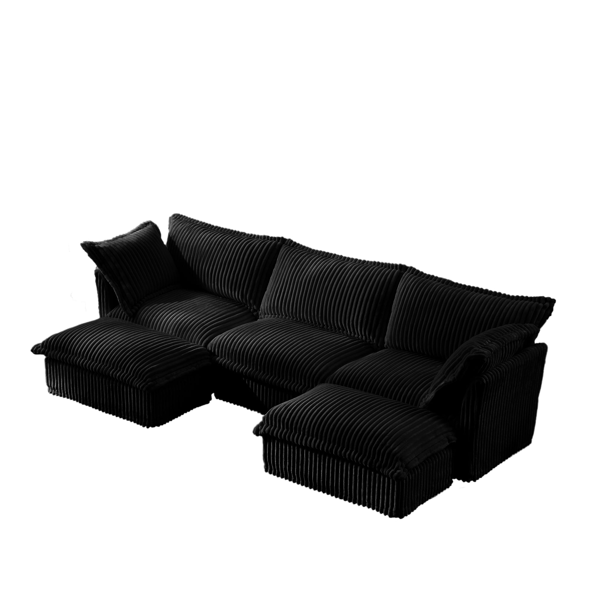 Gewnee Deep Seat Modern 3 Seater Sectional Sofa Couch With 2 Ottomans,U Shape Black Corduroy Fabric Comfy Couch for Living Room