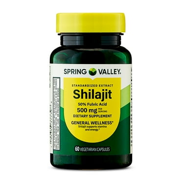 Spring Valley Shilajit 50% Fulvic Acid Dietary Supplement Vegetarian Capsules for General Wellness, 500mg, 60 Count