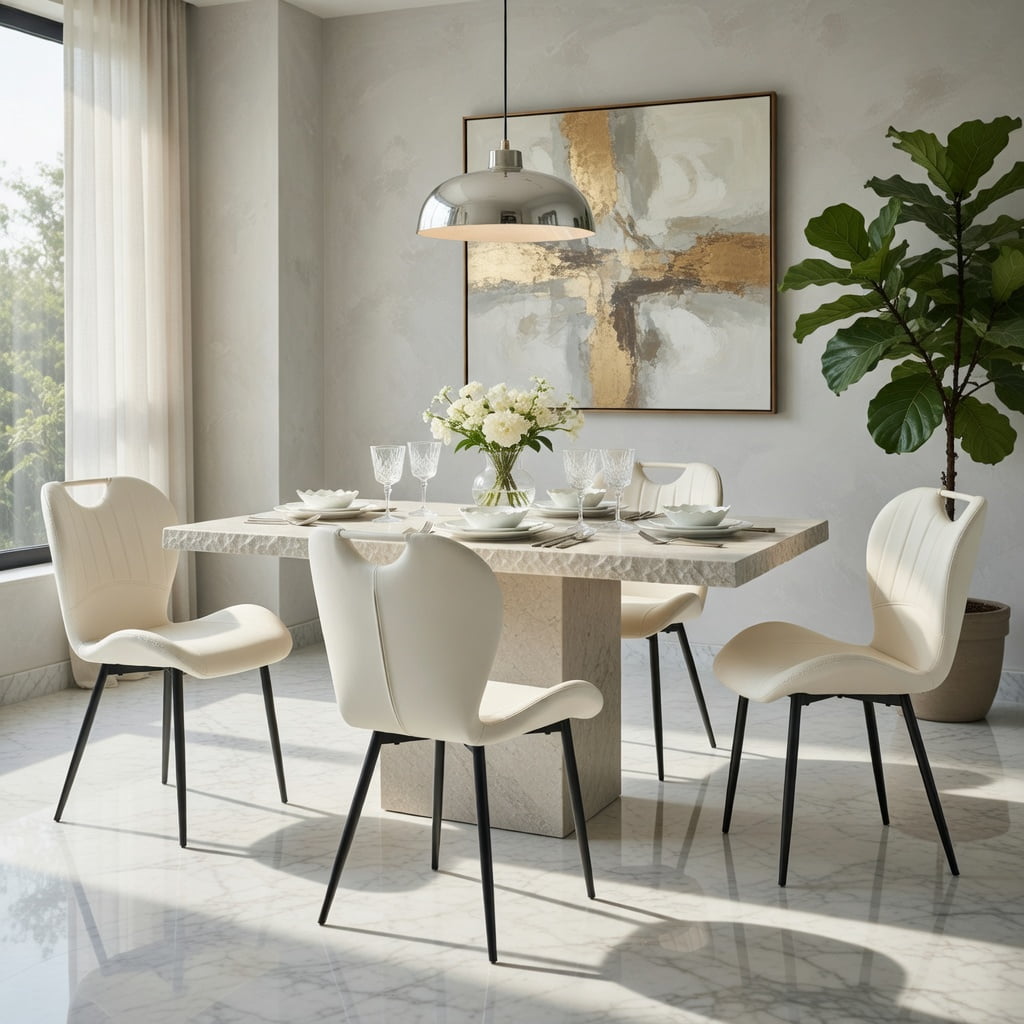 Hommoo Set of 4 PU Leather Dining Chairs with Metal Frame, Ergonomic Wide Cushion, Adjustable Leveling Feet & Integrated Handle for Modern Home, Office & Makeup Use, White