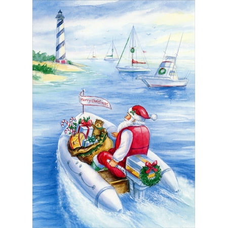 Santas Show Boat - Red Farm Studios Santa Delivers Gifts on Speed Boat Nautical Christmas Card