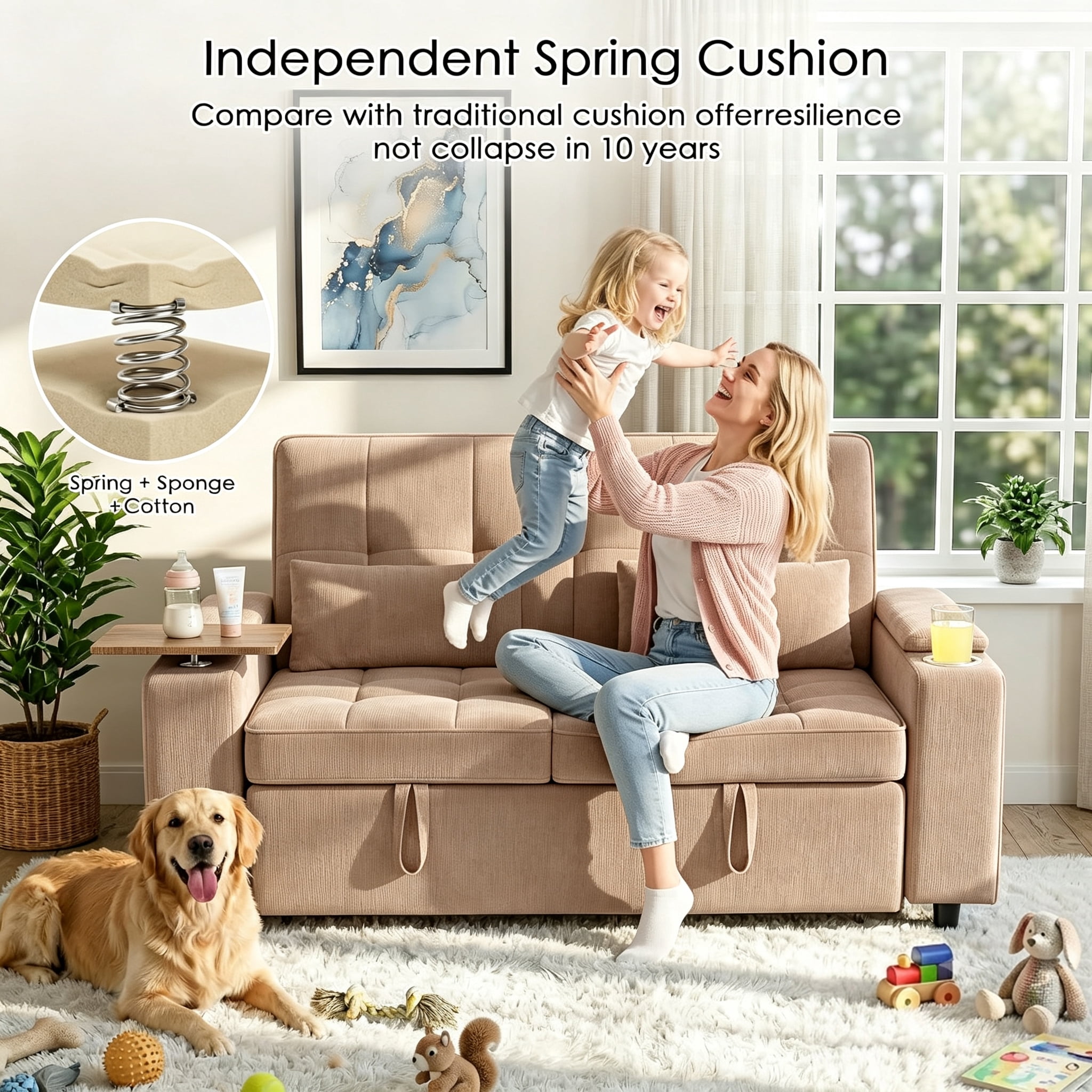 ShiKeyi 65" 3-in-1 Convertible Sofa Bed, Pull Out Loveseat with Chenille Fabric/Hidden storage space/Cup holder, Sleeper Sofa Bed for Living Room, Brown