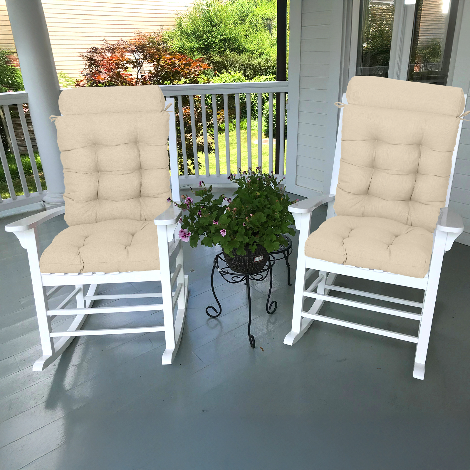BPS Outdoor Patio Rocking Chair Cushion, Water- & Fade-Resistant High Back Cushions, Tufted Pads with Ties, Set of 2, Light Brown
