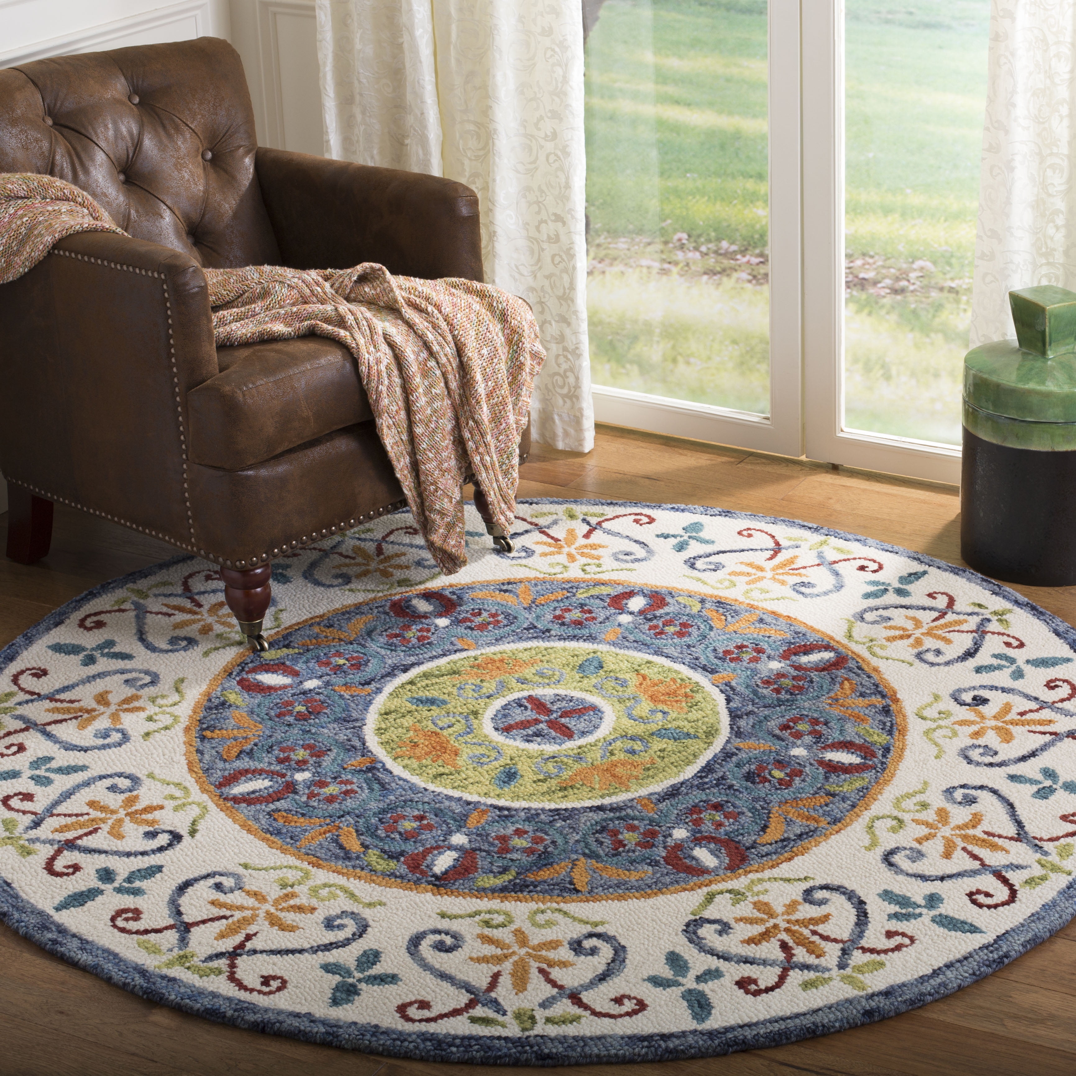 SAFAVIEH Novelty Lakisha Bordered Area Rug, Blue/Ivory, 3' x 3' Round