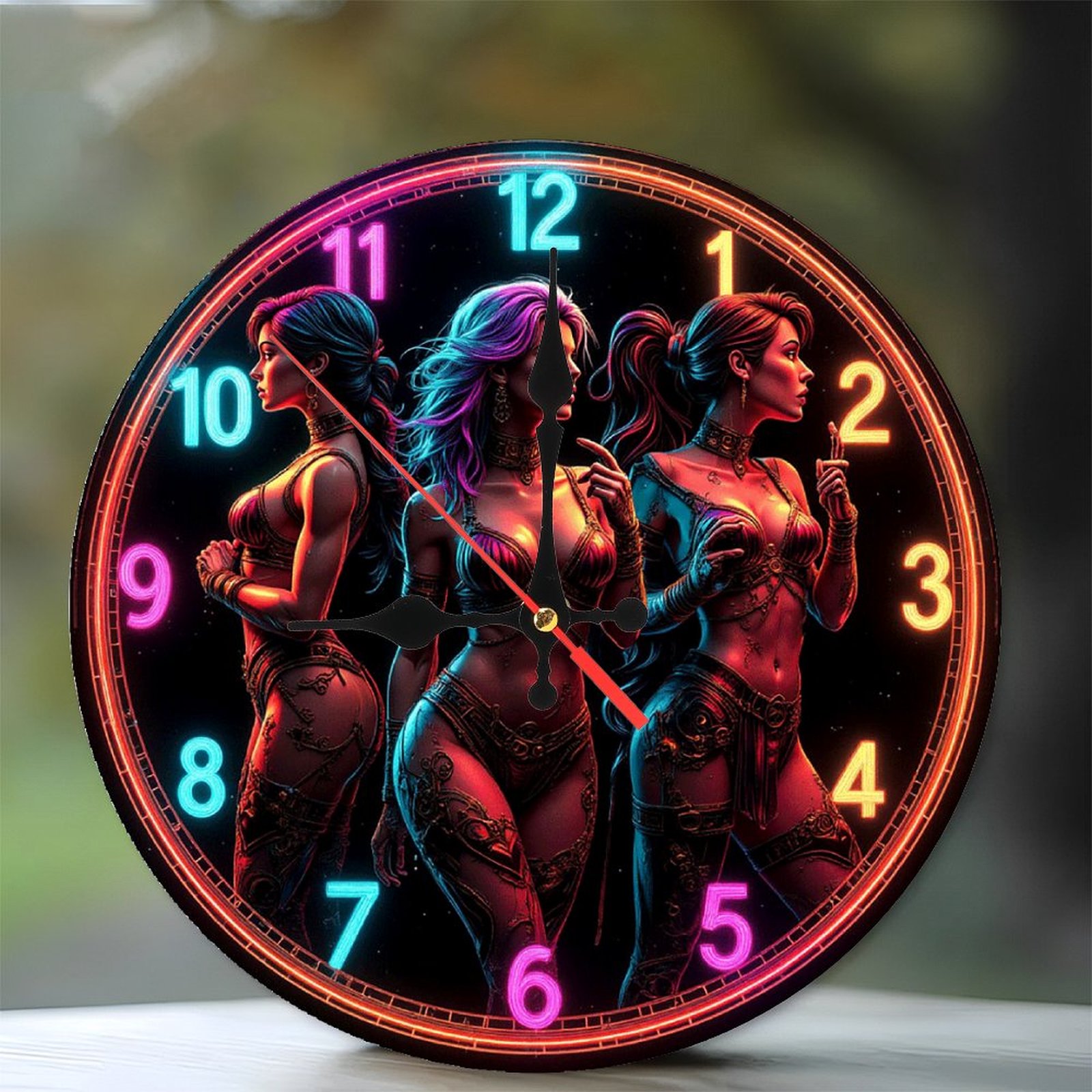 Vintage Neon Wall Clock with Elegant Women Design 10-Inch Silent Wooden Wall Clock, Battery Operated (AA Batteries Not Included), Artistic Home Decor