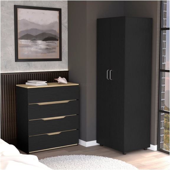 JERFIT 2-Piece Bedroom Set, Armoire and 5-Drawer Dresser in Black & Light Oak Finish for Bedroom Storage