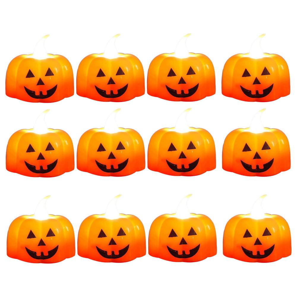 Halloween 12 Pack LED Pumpkin Lights Small Orange Flickering Tea Lights Fall Festival Decorations Jack-O'-Lantern for Halloween 