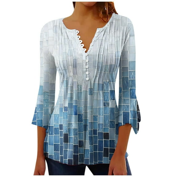 CYMMPU Women's Shirts Ombre 3/4 Length Sleeve Trendy Tunic Tops V-Neck Elegant Blouse Summer Fall Business Work Blouses to Wear with Leggings Casual 2025 Clothes Light Blue L