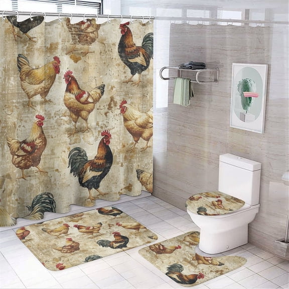 4Pcs Shower Curtain Set with Rugs Vintage Farm Chicken with Non-Slip Rugs Toilet Lid Cover And Bath Mat Bathroom Decor Set Country Animals Cock 12 Plastic Hooks for Bathtub Decor 72inch X 72inch