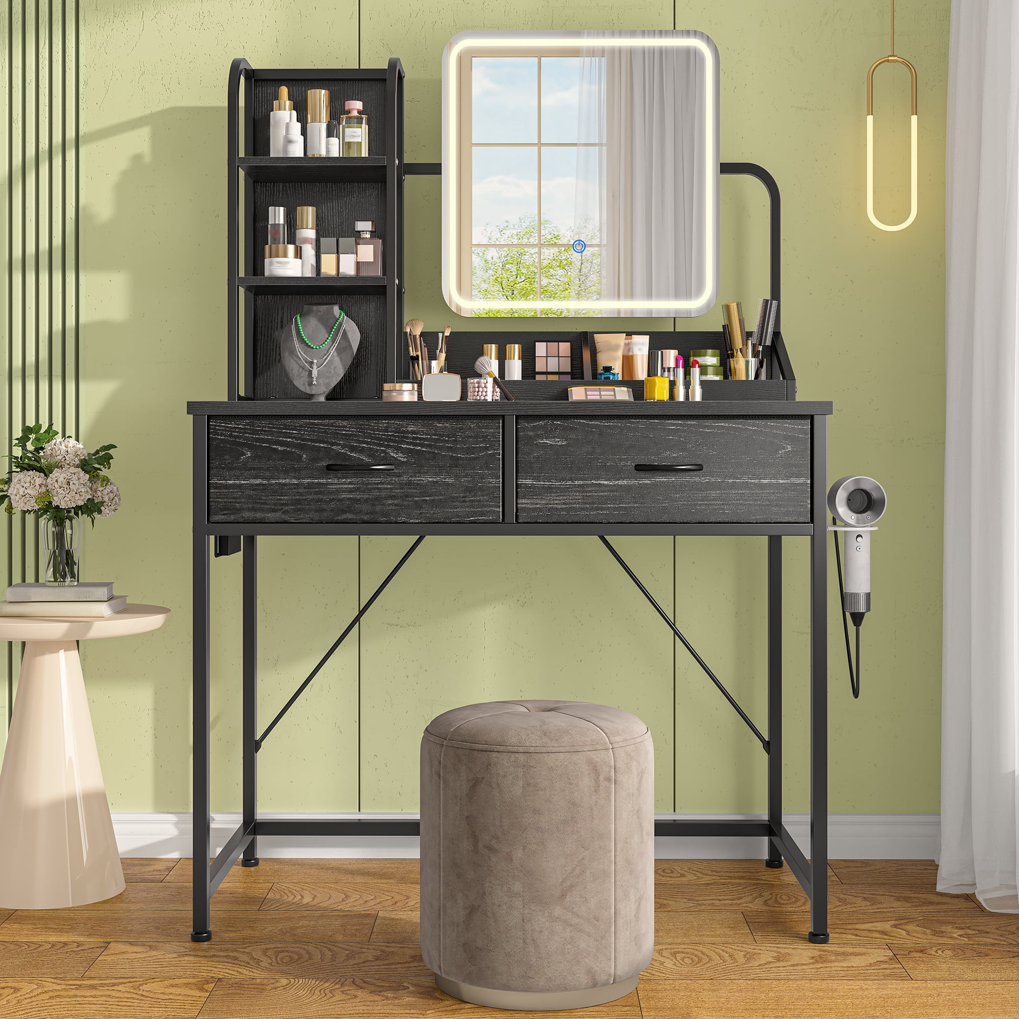Vanity Desk with Mirror and Lights Makeup Vanity Table with 2 Fabric Drawers & Charge Station & Hair Dryer Rack Dressing Table for Bedroom, Black