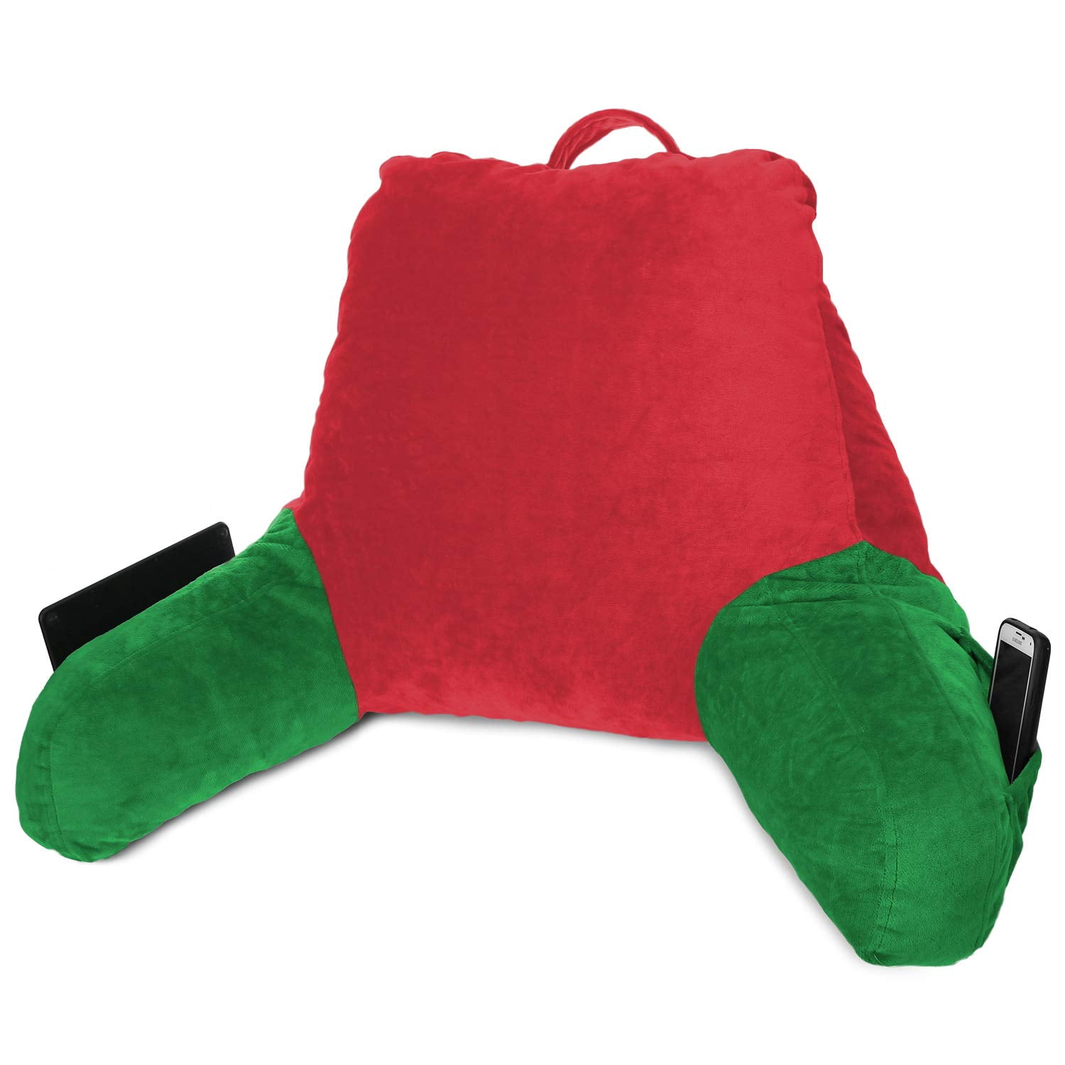 Clara Clark Backrest with Arms and Pockets- Premium Shredded Memory Foam, Medium, Red and Gray