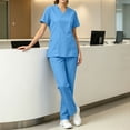 thumbnail image 5 of Women V Neck Medical Scrub Uniform Set, Stretch Short Sleeve Work Top & Drawstring Elastic Waist Pants with Multi Storage Pockets for Nurses Beauty Salon Staff Sky Blue XL(XL), 5 of 9