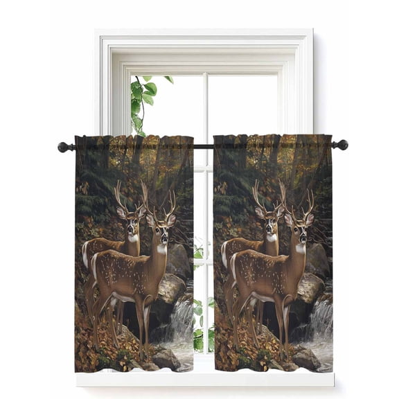 Forest Deer Curtains 54 Inch Length, Sheer Curtains for Bedroom Living Room Window Farmhouse Vintage River Elk Rod Pocket Voile Drapes Kitchen Curtains Small Half Window 42"x54" 2 Panels