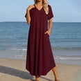thumbnail image 2 of DHFJKG Summer Dresses For Women Long Dress Short Sleeve V Neck Flowy A Line Solid Color Comfortable Curved Hem Tunic Beach Vacation Clothes Stylish Dresses, 2 of 5