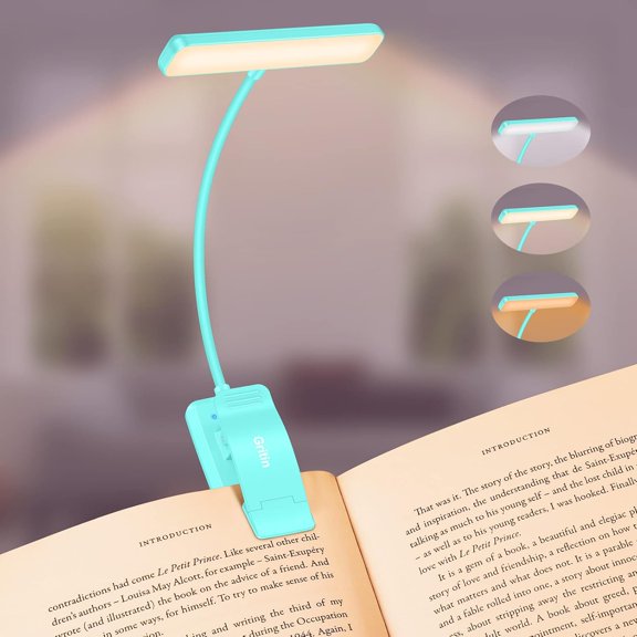 Gritin 19 LED Rechargeable Book Light for Reading in Bed with Memory Function- Eye Caring 3 Color Temperatures,Stepless Dimming Brightness,90 Hrs Runtime Clip on Light for Book Lovers-Blue