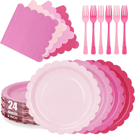 KAISA Pink Paper Plates and Napkins,Serves 24 Include Gradient 9 Inch Disposable Plates,Napkins,And Forks for Baby Shower,Wedding,Birthday Decorations,Party Decorations Pink Plates for Party