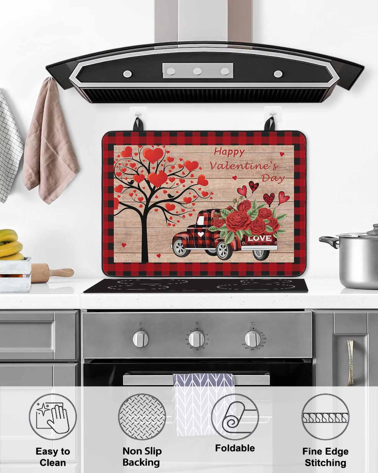 Large Induction Cooktop Protector Mat Roses Valentine's Day Stove Top Covers for Electric Stove, Love Heart Truck Wooden Vintage Decorative Stove Burner Cover Mats, Glass Top Stove Cover
