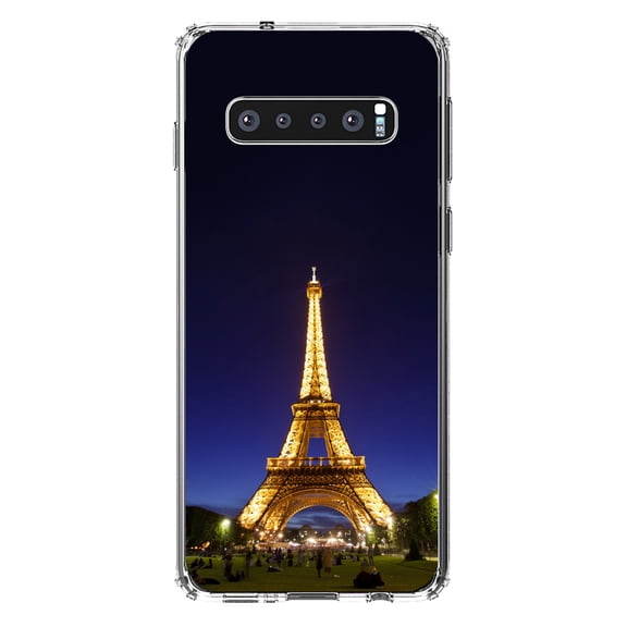 DistinctInk Clear Shockproof Hybrid Case for Samsung Galaxy S10 (6.1" Screen) - TPU Bumper, Acrylic Back, Tempered Glass Screen Protector - Eiffel Tower Paris Night - Paris