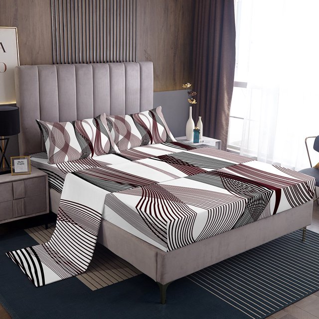 Erosebridal Chic Geometric Sheet Set Full, Maroon Stripes Bedding Sets Full Size, Abstract Decor 4pcs