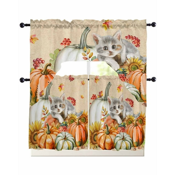 Burnt Orange Pumpkins Fall Kitchen Curtains Sets 36 Inch Length with Valance, Thanksgiving Cat Sunflowers Vintage Swag Valances and Tiers Curtain Set Drapes Swag Curtains for Living Room, Bathroom