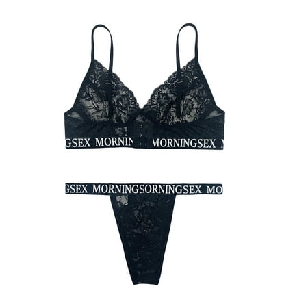 

Women Sexy Two-Piece Lingerie Set Black Deep V-Neck Underwear and Low Waist Panties