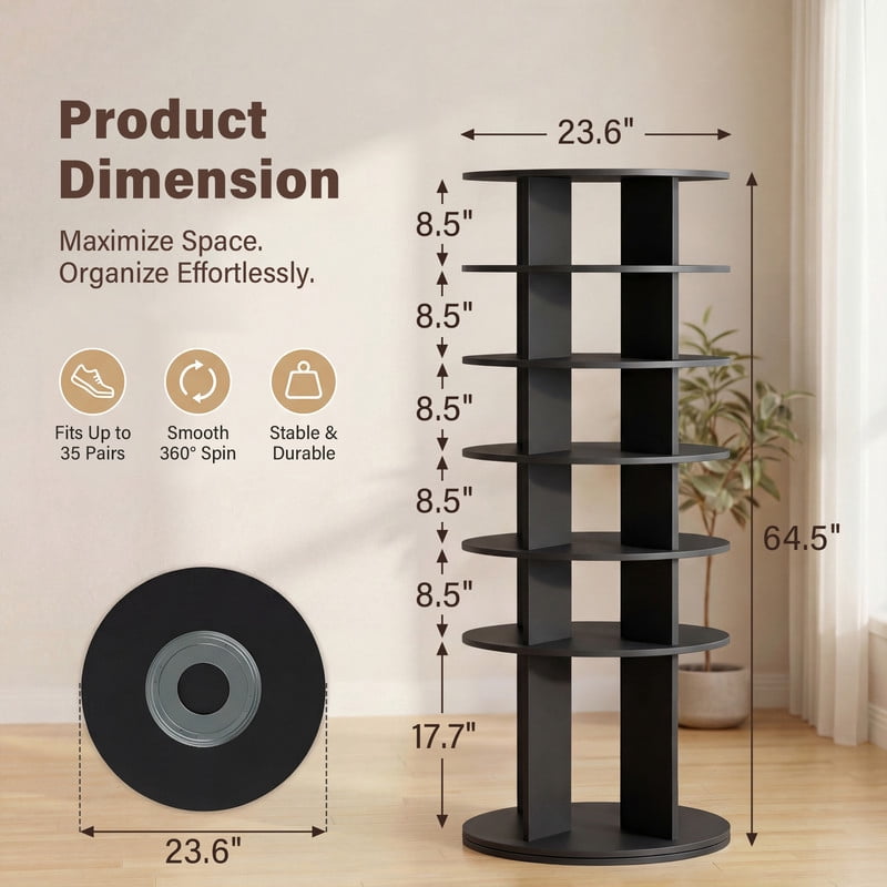 Homall 7-Tier 360° Rotating Shoe Rack, 23.6" Dia, 64.5" H, Holds 35 Pairs, Tall Boots & Handbag Storage