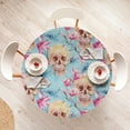thumbnail image 4 of Ambesonne Halloween Fitted Round Tablecloth, Magnolia Flowers Skulls, 45"- 56" Diameter, Pale Blue Soft Pink, 4 of 5