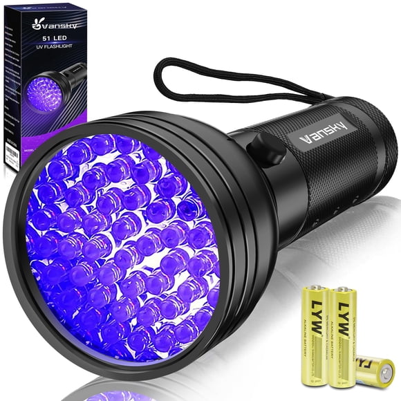 Lampe de Poche UV à Lumière Noire, Vansky Détecteur d'Urine pour Animaux avec 51 DEL Ultraviolets Améliorés à Lumière Noire pour Punaises de Lit Chien/chat (Piles Incluses)