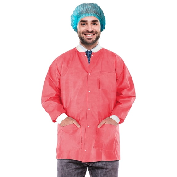 Disposable Lab Jackets SMS Material Coral Pink 100 count Medium 30 in Long with Snap Front
