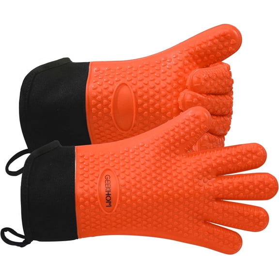 BBQ Gloves Heat Resistant Oven Mitts - Silicone Grilling Gloves with 14" Long Arm Protection - Waterproof Pot Holder Non-Slip for Men & Women, Kitchen Cooking, Baking, Camping, Orange
