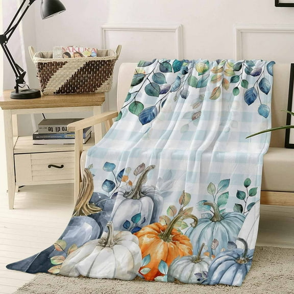 Fall Pumpkin Throw Flannel Blanket 40x50In Grass Green Eucalyptus Aqua Blue Plaid Super Soft Cozy Bed Blanket, Lightweight Plush Fuzzy Bed Throw for Bedroom Sofa Couch Living Room