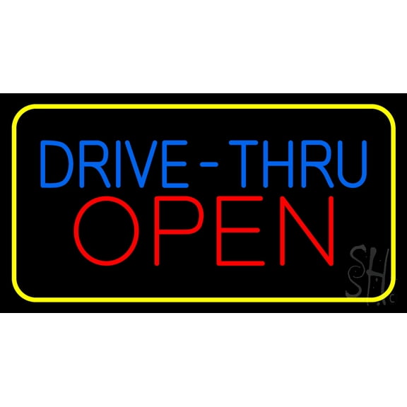 Blue Drive-Thru Red Open Yellow Border LED Neon Sign 20 x 37 - inches, Black Square Cut Acrylic Backing, with Dimmer - Bright and Premium built indoor LED Neon Sign for restaurant decor.