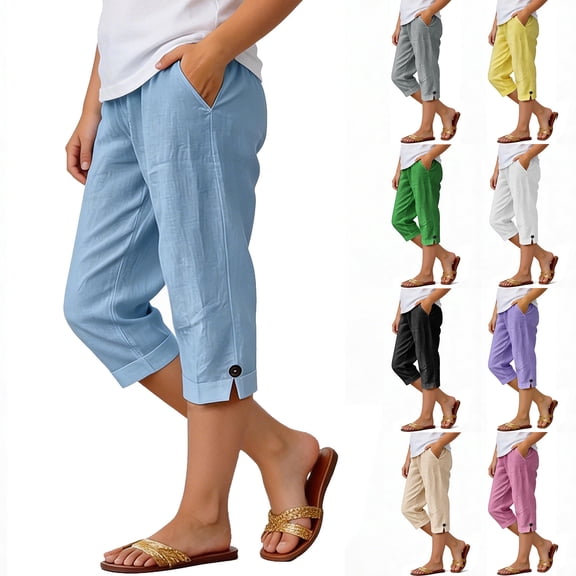 Pretxorve Kids Girls Casual Pants Solid Linen Mix Fabric Split Button Side Pockets 7 Length Bottoms