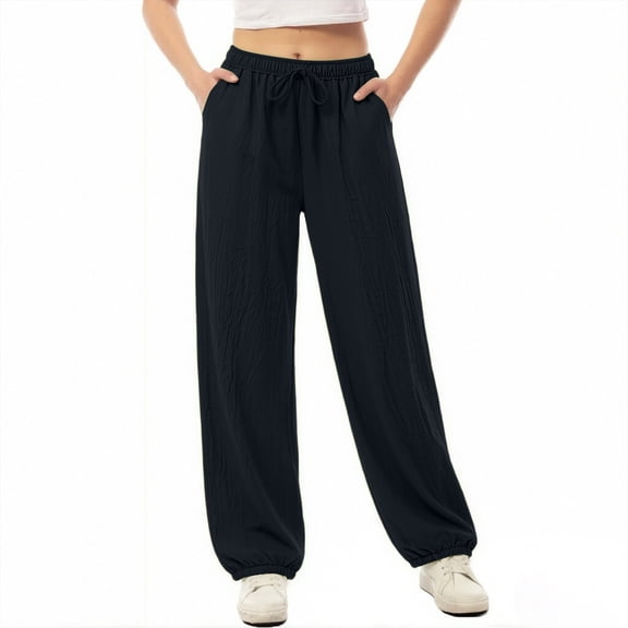ITSAME Cotton Linen Pants for Women, High Waist Loose Fit Drawstring Athletic Casual Tapered Pants Black Size L