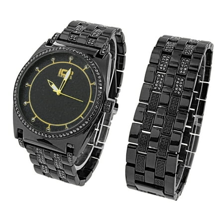 46 Watch - Mens Black Watch Ice Master Lab Created Cubic Zirconias Matching Bracelet Gift Set 46 MM Black Dial
