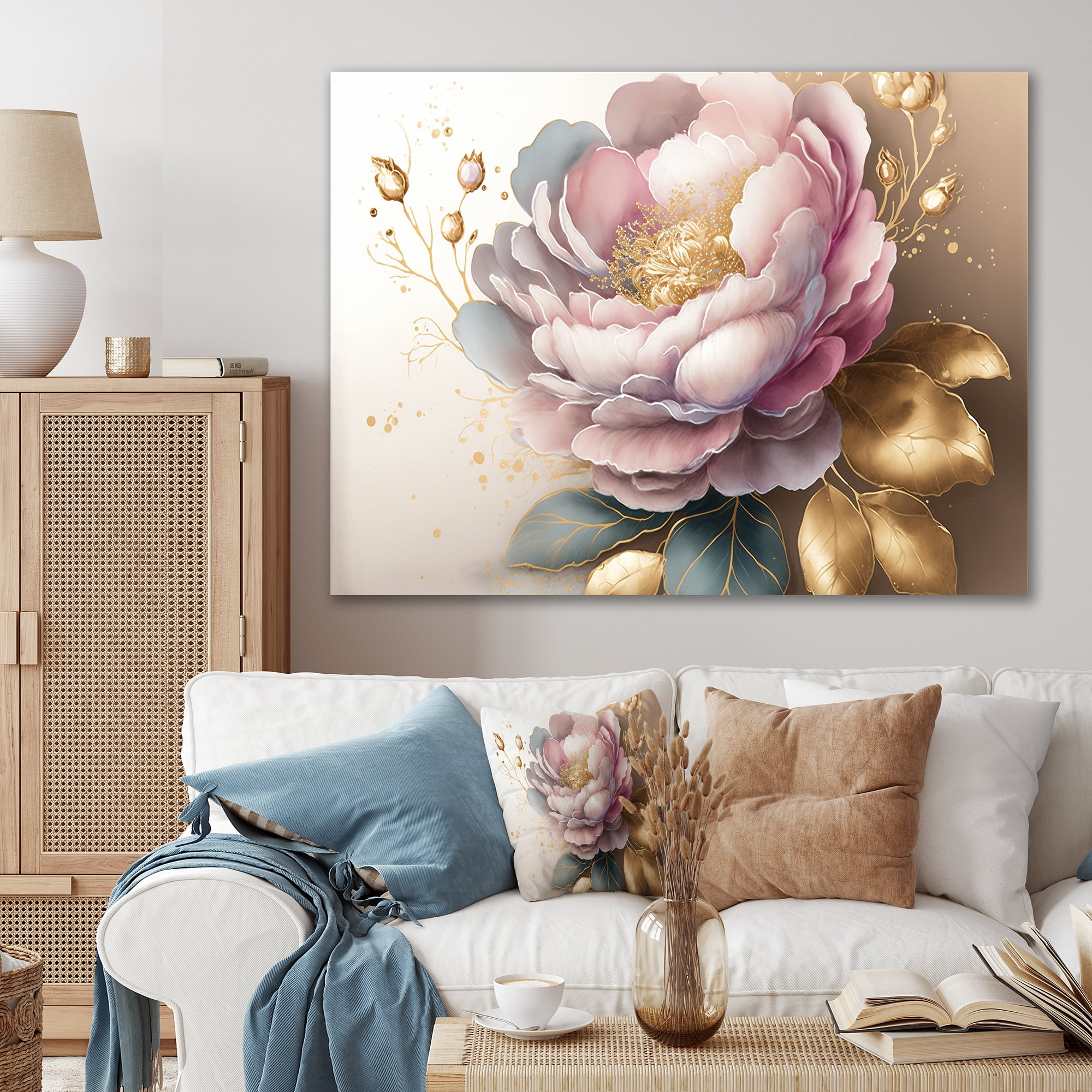 Designart Pink And Gold Camellia Flower II Canvas Wall Art