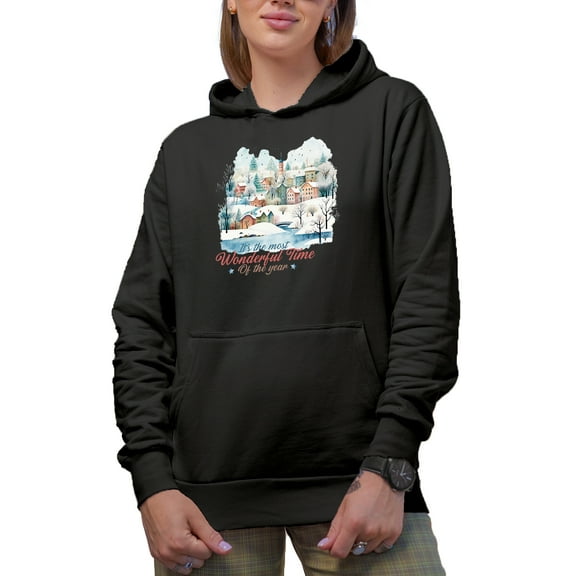 It's the Most Wonderful Time of the Year, Watercolor Winter Village Art Merch Gift, Black Hooded Sweatshirt or Hoodie, Small