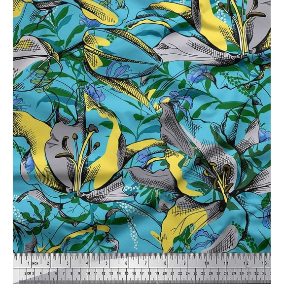 Soimoi Blue Cotton Duck Fabric Leaves & Floral Print Sewing Fabric BTY 42 Inch Wide