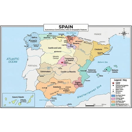 Spain Map Poster 11x17 | Laminated Double-Sided Geography Chart with Color Map Front & Blank Outline Back | Reusable Classroom & Homeschool Learning Tool