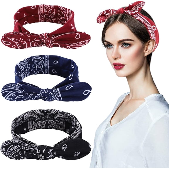 3 Pieces Head Scarf for Women,Retro Headbands,1940s Head Scarf Bandana Rosie The Riveter Headband Bow Headbands Vintage Boho Bow Pattern,eadband Headwrap for Girls and Women (3 PCS)